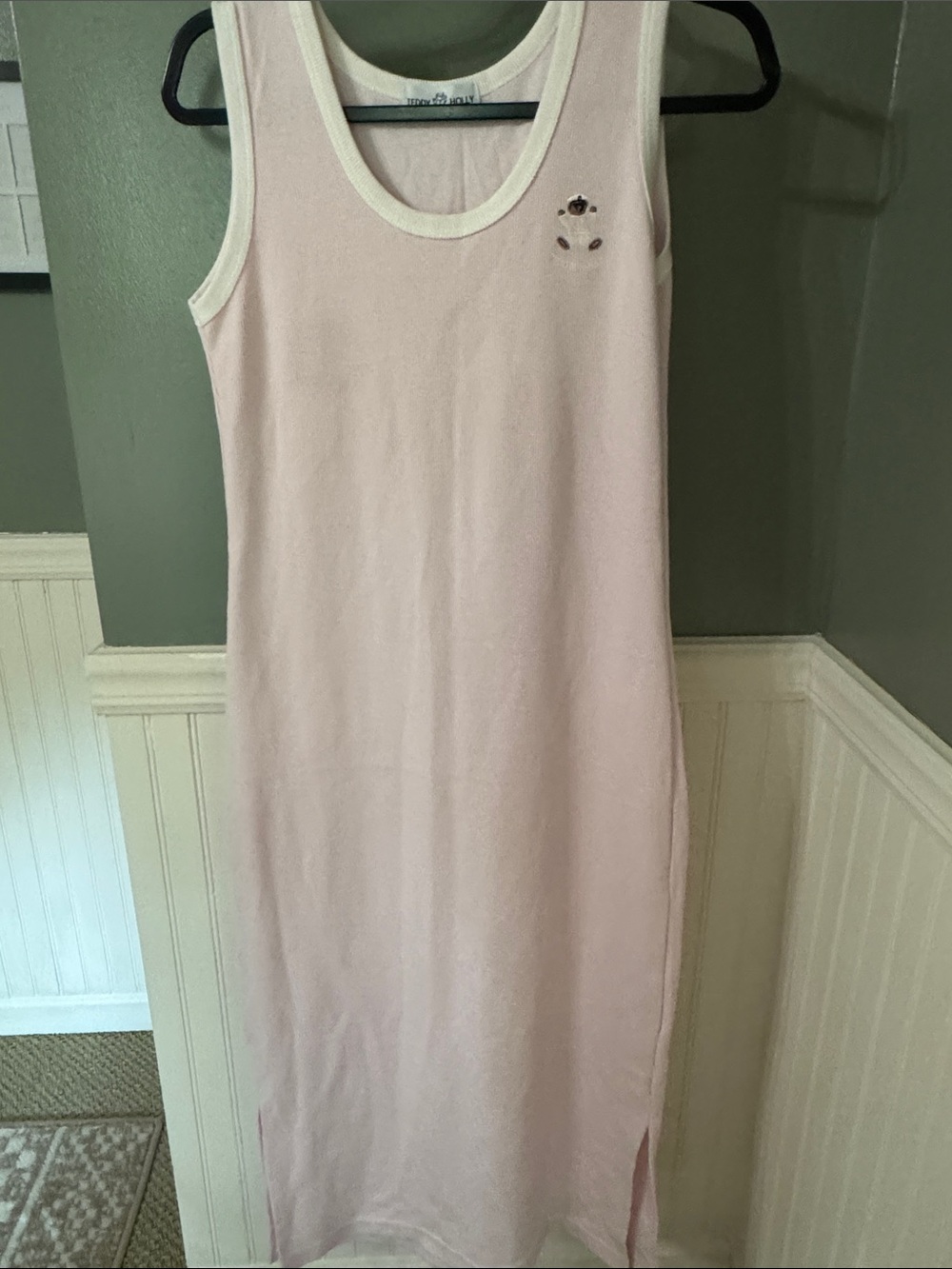 Teddy Holly Paris Pink Ribbed Tank Dress with Cream Trim and Bear Embroidery